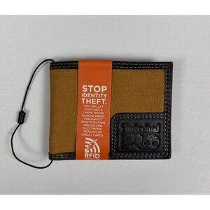 Timberland PRO Men Khaki Canvas Genuine Leather RFID Billfold Wallet
